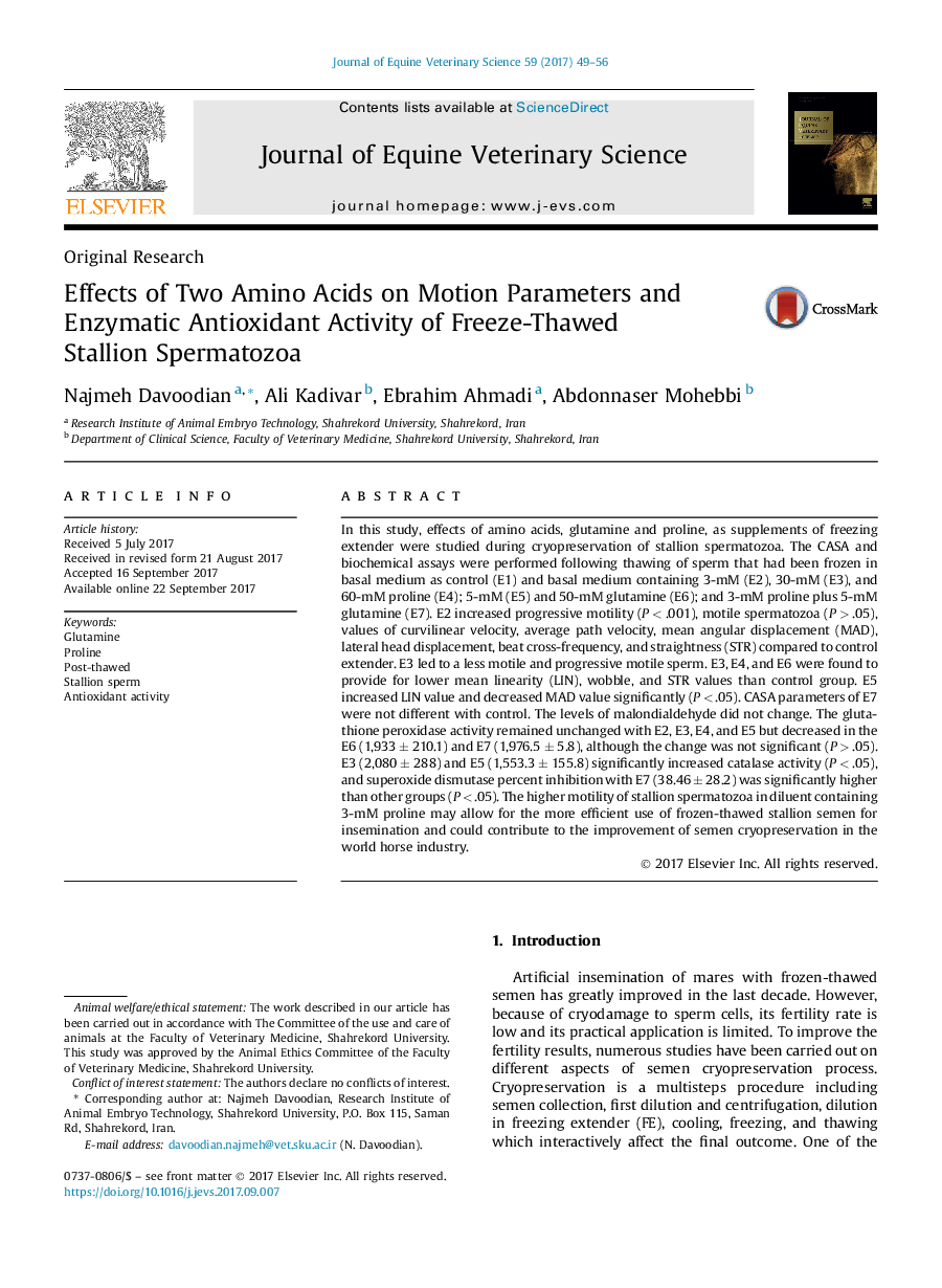 Original ResearchEffects of Two Amino Acids on Motion Parameters and Enzymatic Antioxidant Activity of Freeze-Thawed Stallion Spermatozoa