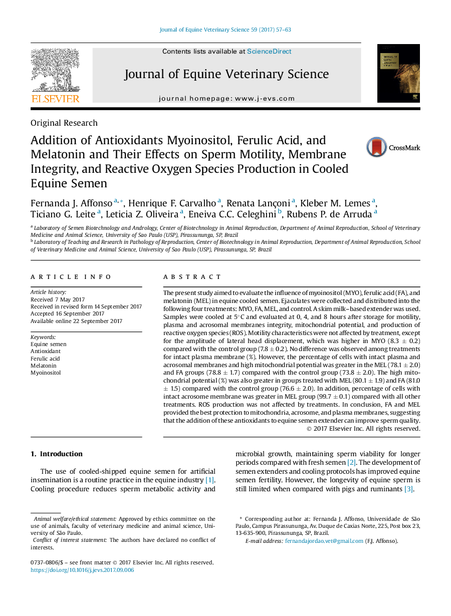 Original ResearchAddition of Antioxidants Myoinositol, Ferulic Acid, and Melatonin and Their Effects on Sperm Motility, Membrane Integrity, and Reactive Oxygen Species Production in Cooled Equine Semen