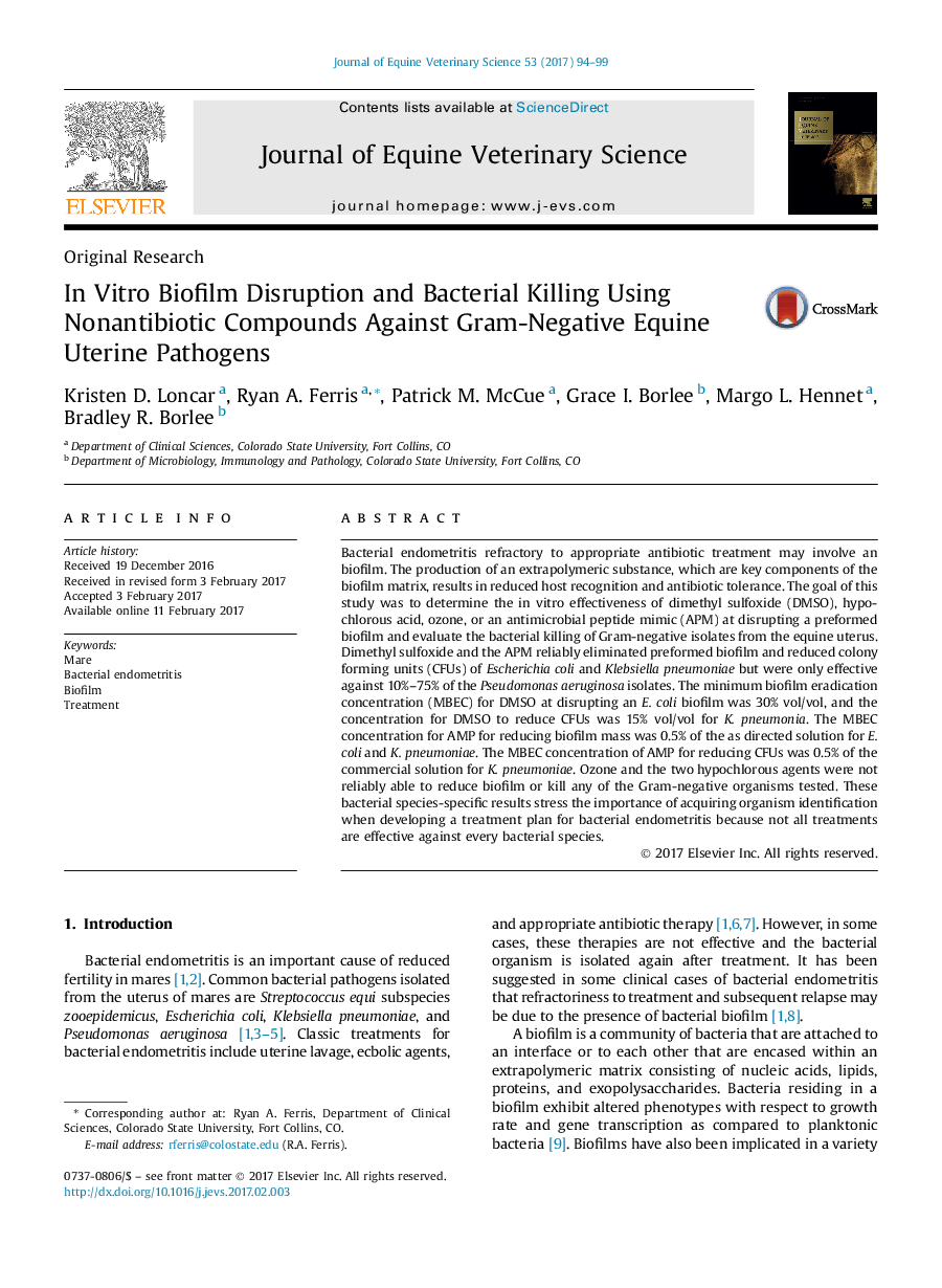 Original ResearchInÂ Vitro Biofilm Disruption and Bacterial Killing Using Nonantibiotic Compounds Against Gram-Negative Equine Uterine Pathogens