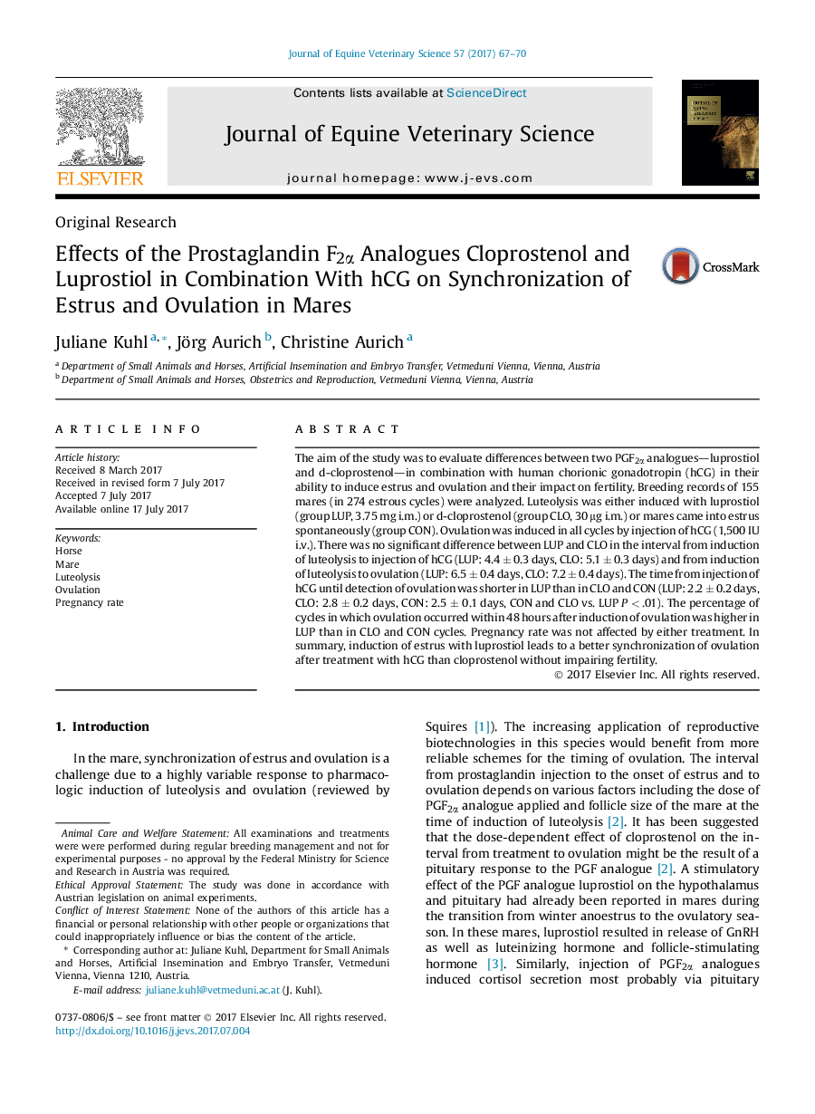 Effects of the Prostaglandin F2Î± Analogues Cloprostenol and Luprostiol in Combination With hCG on Synchronization of Estrus and Ovulation in Mares