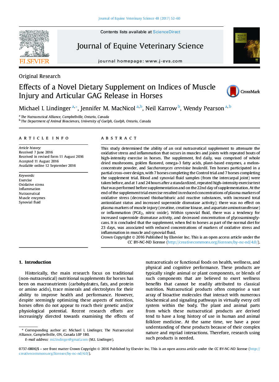 Effects of a Novel Dietary Supplement on Indices of Muscle Injury and Articular GAG Release in Horses