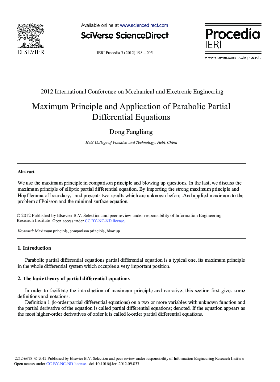 Maximum Principle and Application of Parabolic Partial Differential Equations