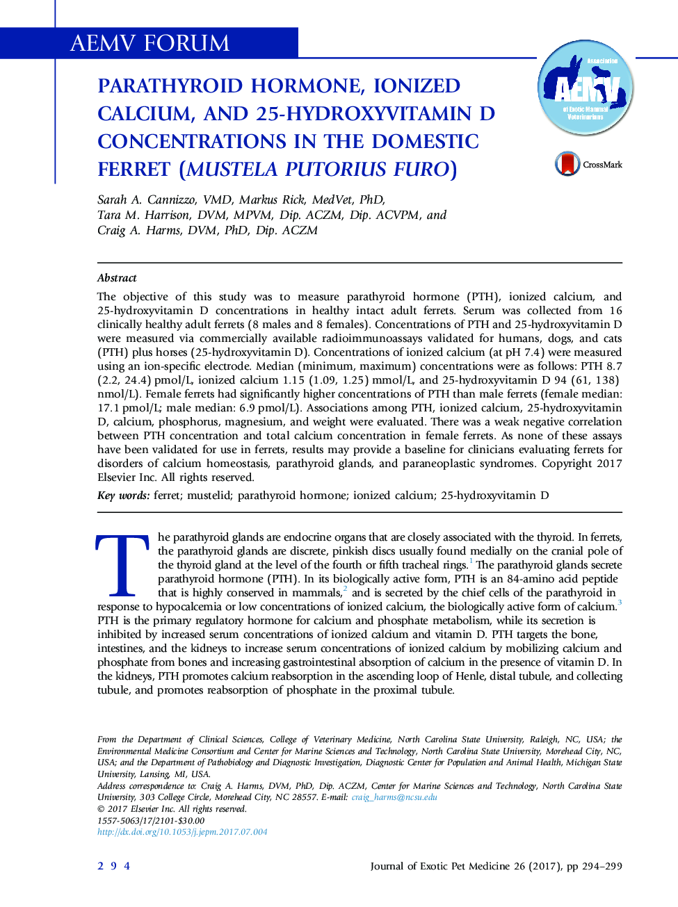 Parathyroid Hormone, Ionized Calcium, and 25-Hydroxyvitamin D Concentrations in the Domestic Ferret (Mustela putorius furo)