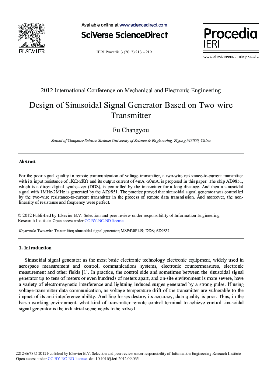 Design of Sinusoidal Signal Generator Based on Two-wire Transmitter