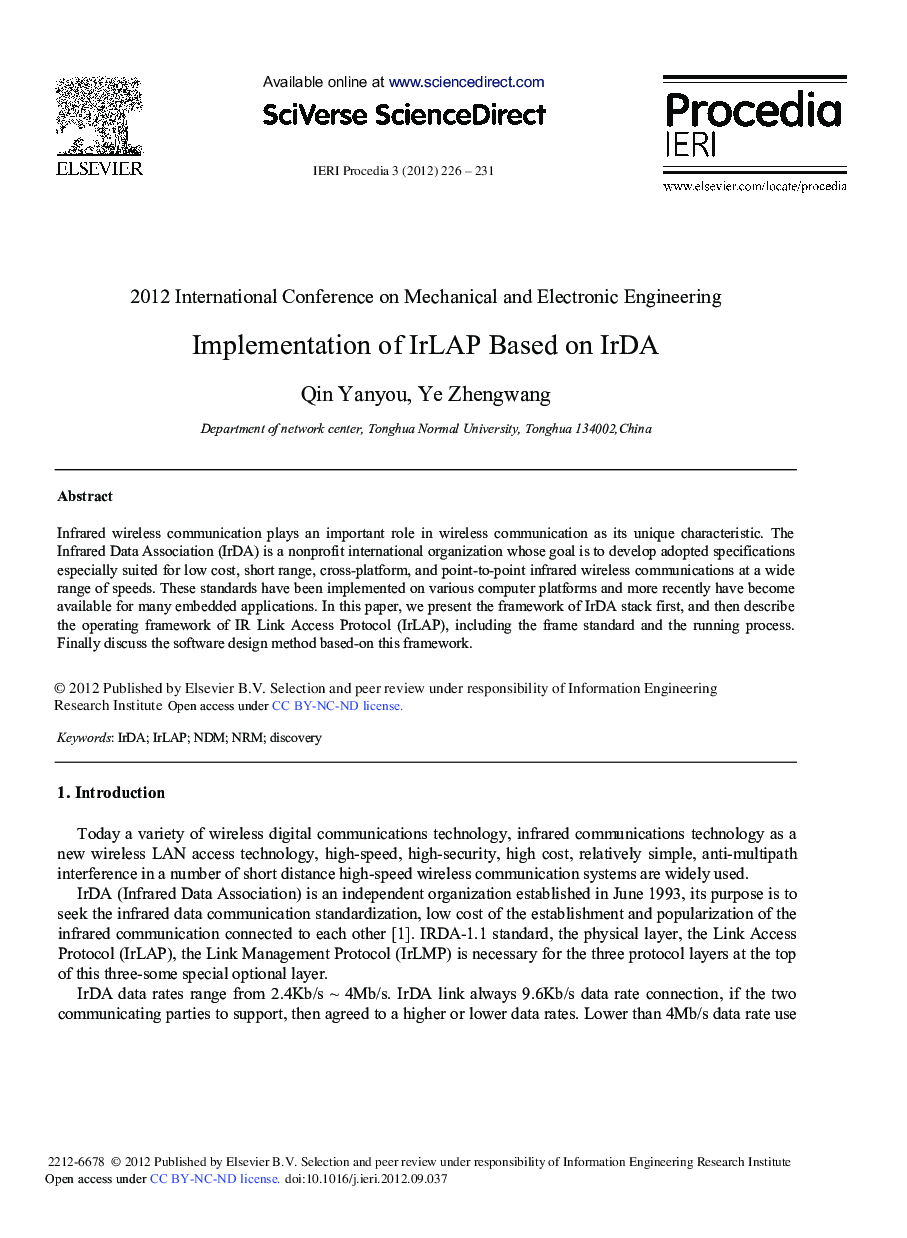 Implementation of IrLAP Based on IrDA