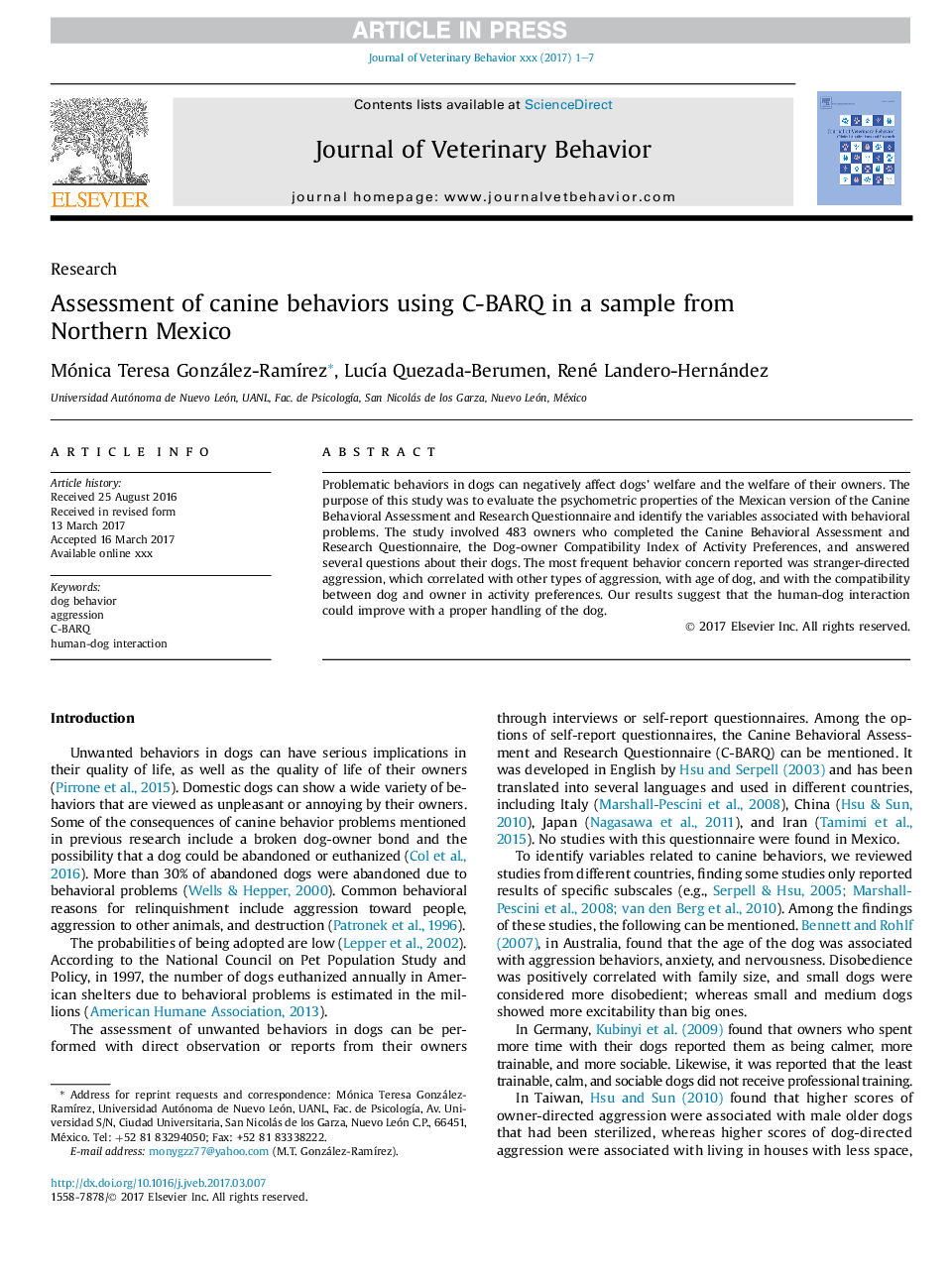 Assessment of canine behaviors using C-BARQ in a sample from Northern Mexico