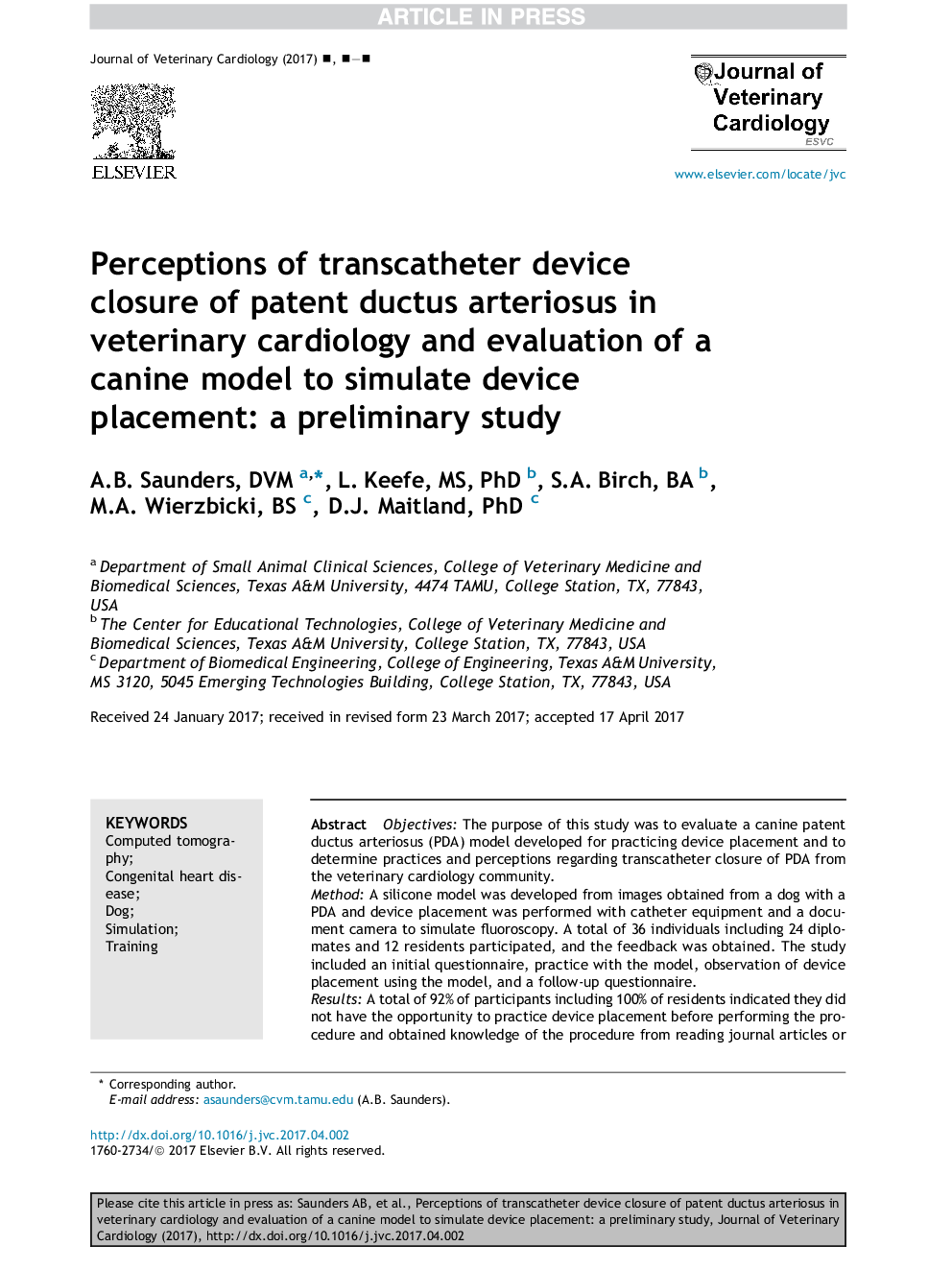 Perceptions of transcatheter device closure of patent ductus arteriosus in veterinary cardiology and evaluation of a canine model to simulate device placement: a preliminary study