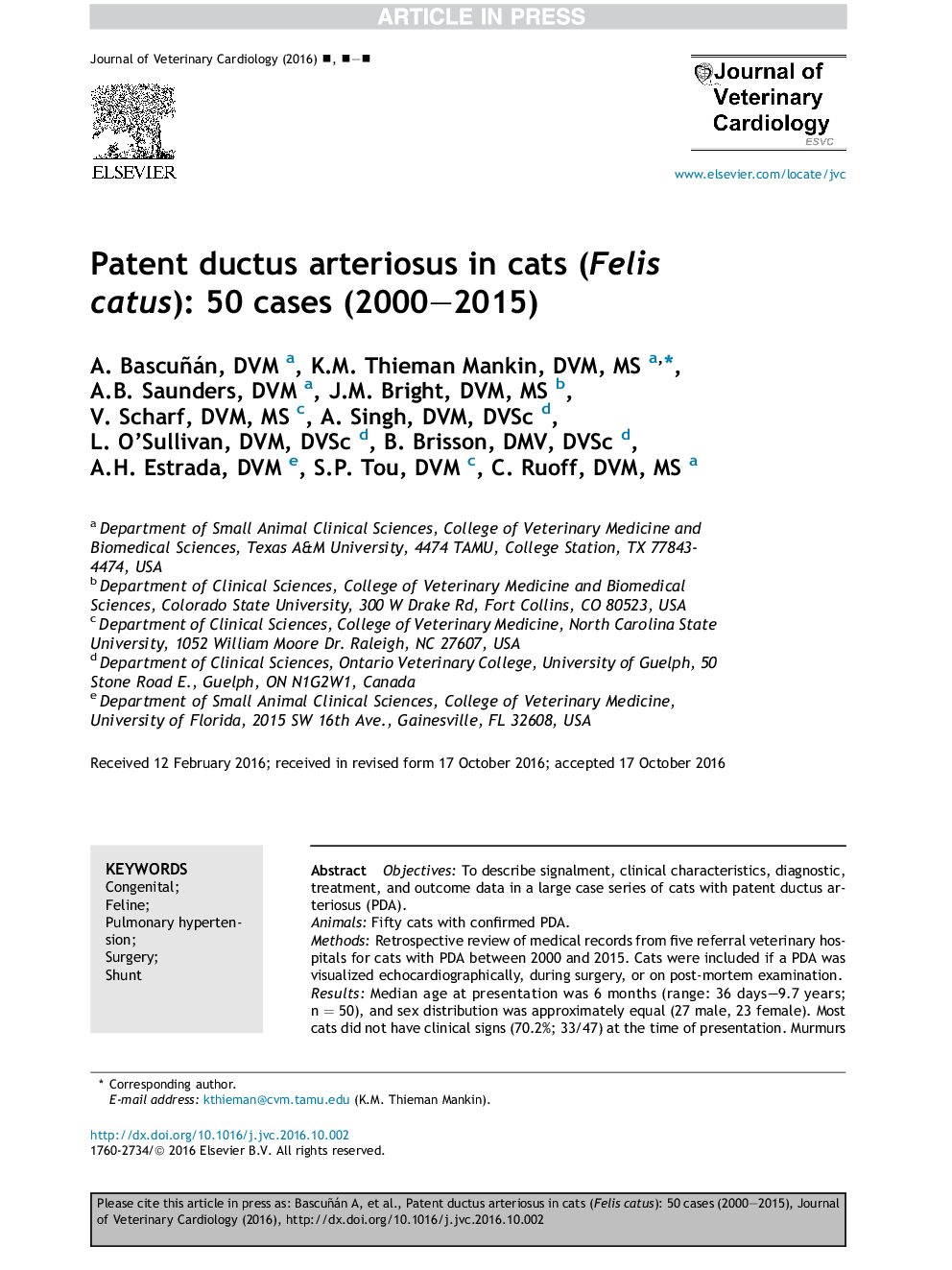 Patent ductus arteriosus in cats (Felis catus): 50 cases (2000-2015)