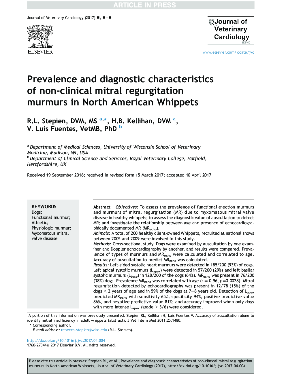 Prevalence and diagnostic characteristics of non-clinical mitral regurgitation murmurs in North American Whippets