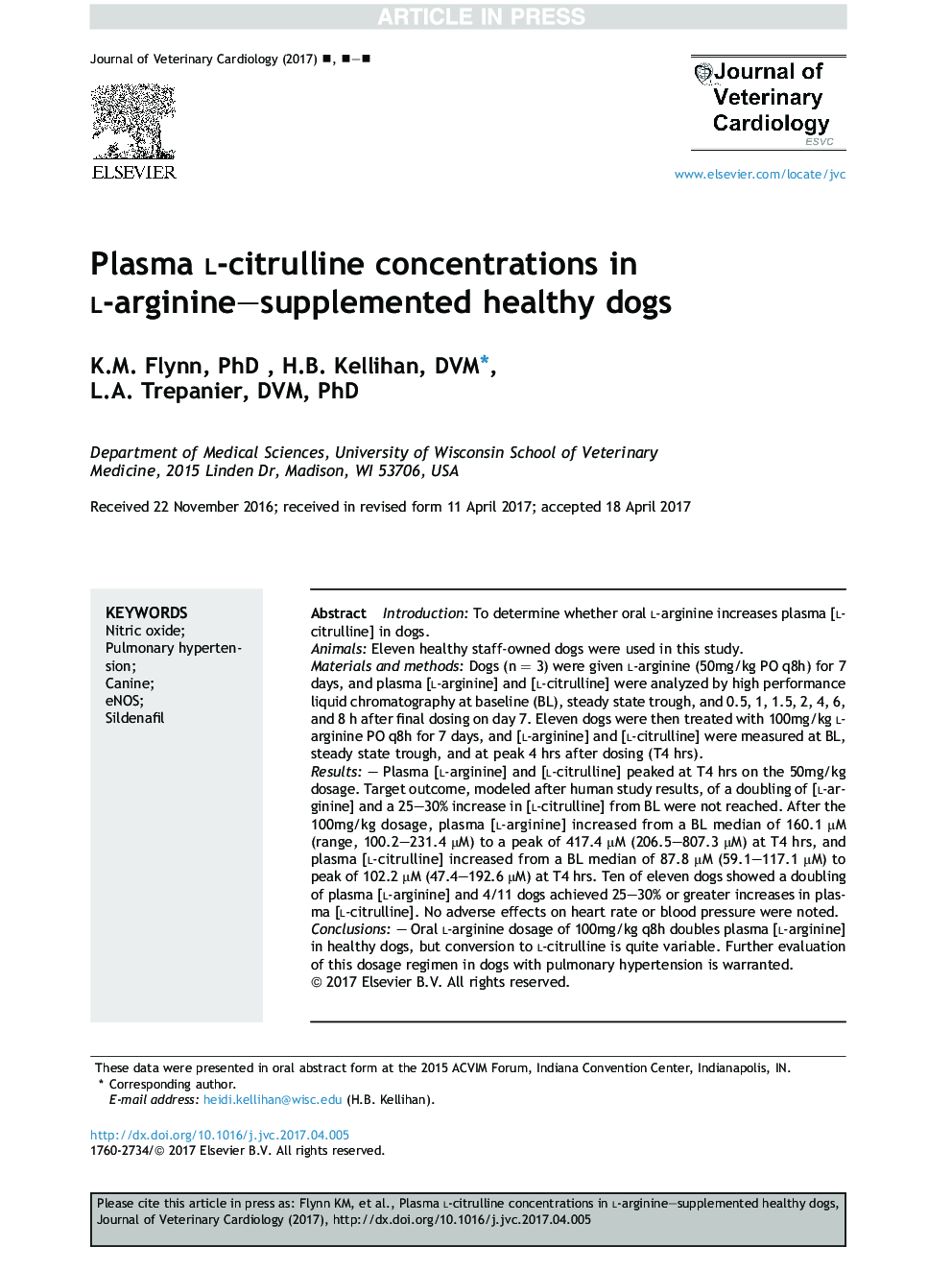 Plasma l-citrulline concentrations in l-arginine-supplemented healthy dogs