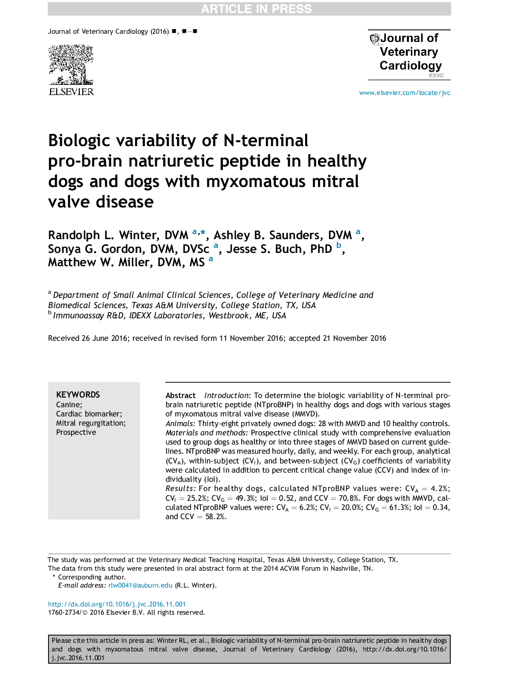 Biologic variability of N-terminal pro-brain natriuretic peptide in healthy dogs and dogs with myxomatous mitral valve disease