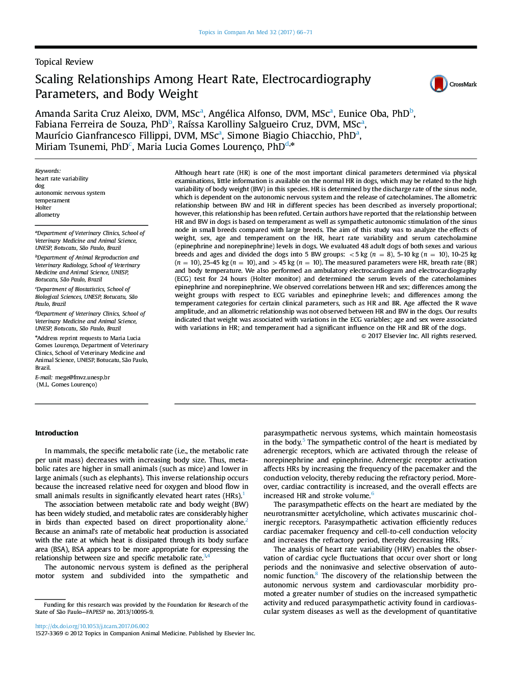 Scaling Relationships Among Heart Rate, Electrocardiography Parameters, and Body Weight