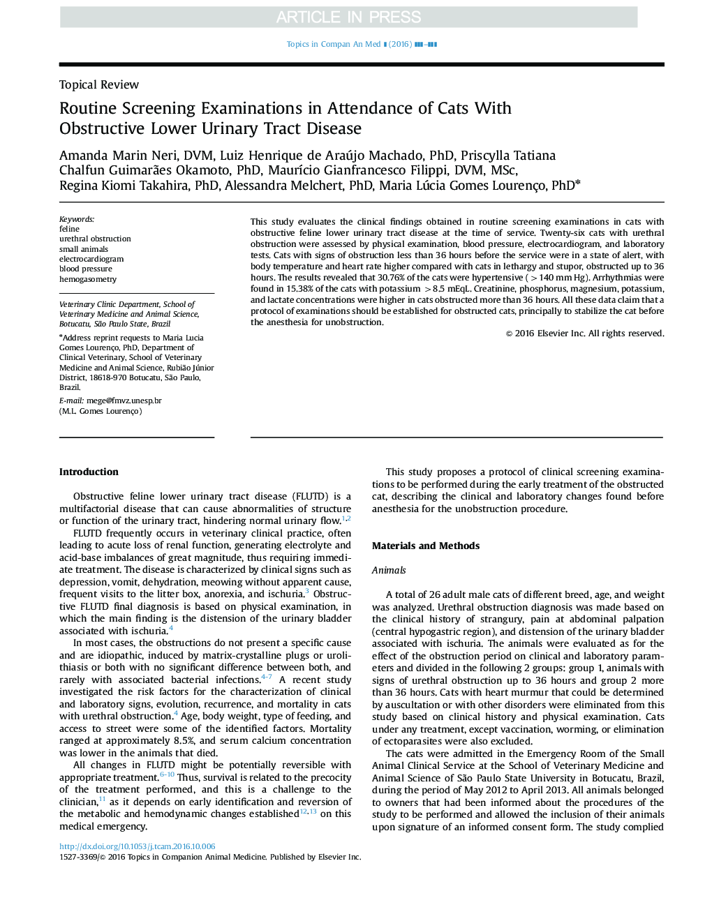 Routine Screening Examinations in Attendance of Cats With Obstructive Lower Urinary Tract Disease