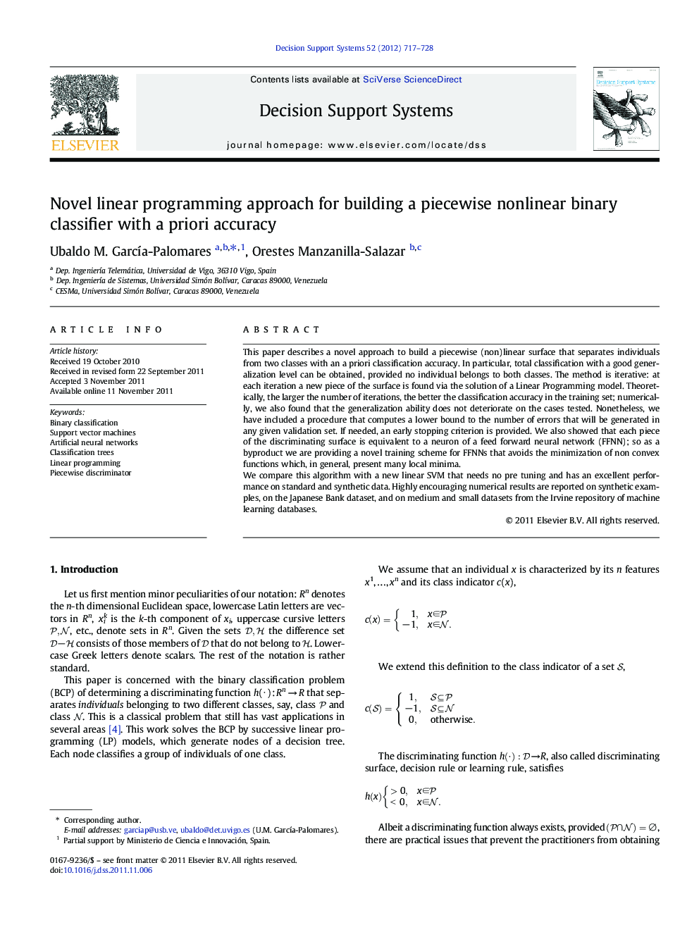 Novel linear programming approach for building a piecewise nonlinear binary classifier with a priori accuracy