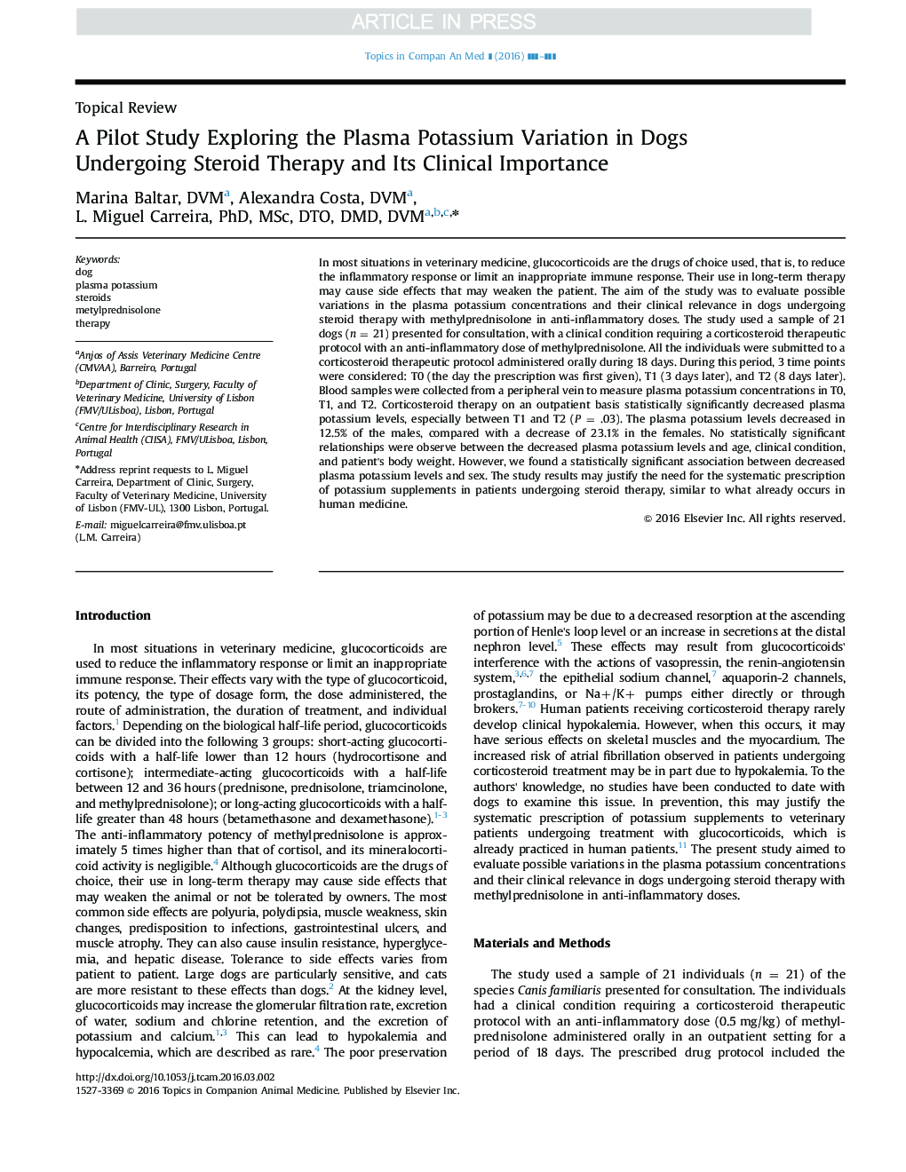 A Pilot Study Exploring the Plasma Potassium Variation in Dogs Undergoing Steroid Therapy and Its Clinical Importance