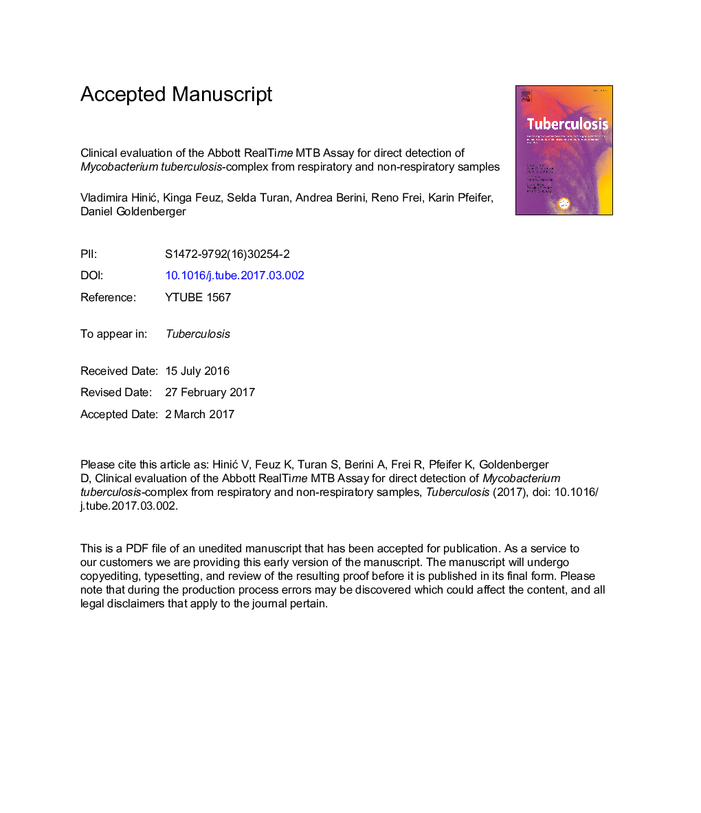 Clinical evaluation of the Abbott RealTime MTB Assay for direct detection of Mycobacterium tuberculosis-complex from respiratory and non-respiratory samples