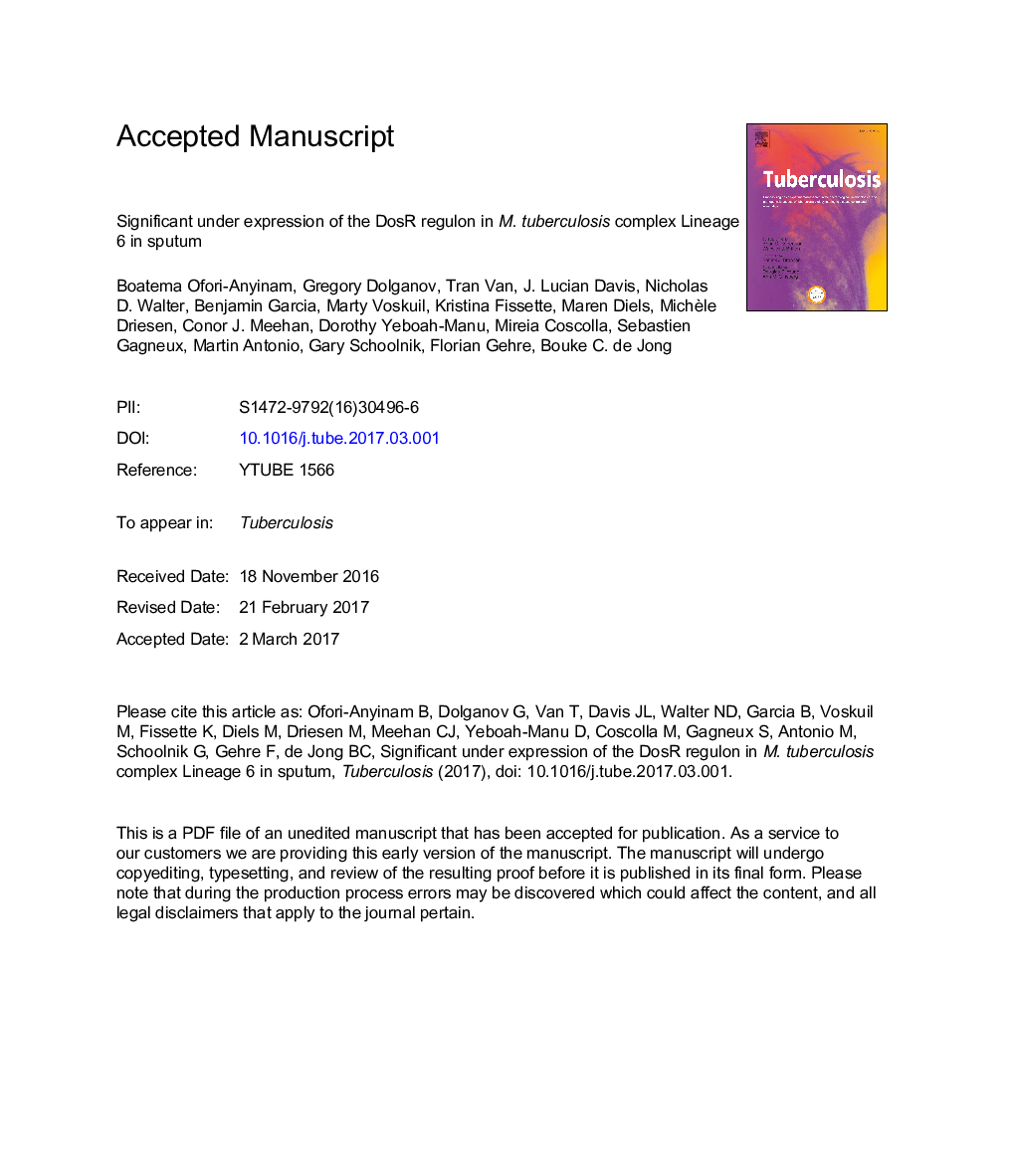 Significant under expression of the DosR regulon in M.Â tuberculosis complex lineage 6 in sputum