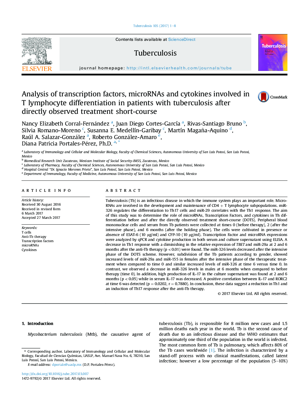 Analysis of transcription factors, microRNAs and cytokines involved in T lymphocyte differentiation in patients with tuberculosis after directly observed treatment short-course