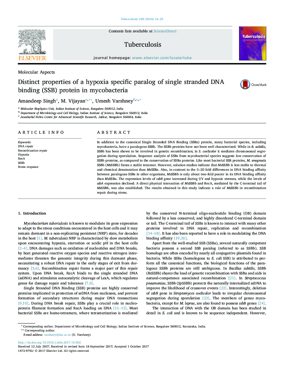 Distinct properties of a hypoxia specific paralog of single stranded DNA binding (SSB) protein in mycobacteria