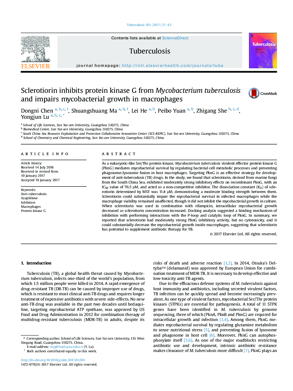 Sclerotiorin inhibits protein kinase G from Mycobacterium tuberculosis and impairs mycobacterial growth in macrophages