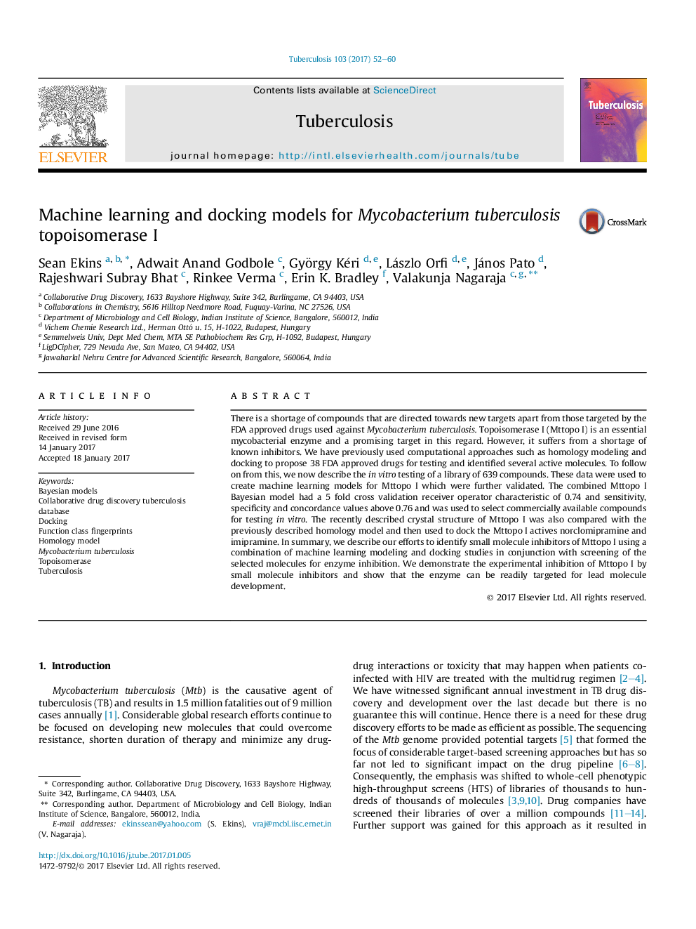 Machine learning and docking models for Mycobacterium tuberculosis topoisomerase I