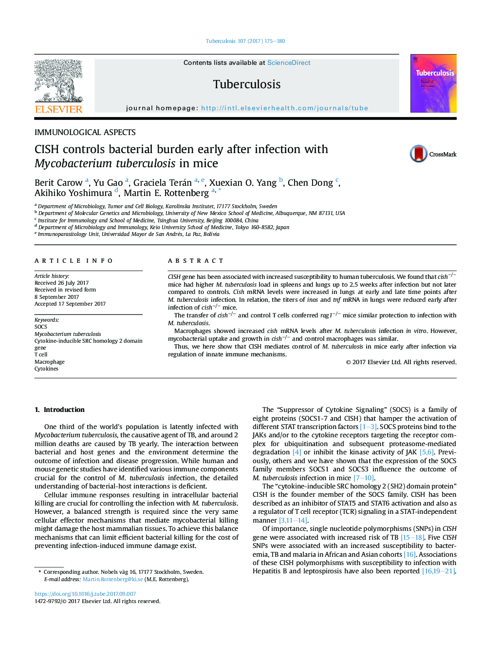 CISH controls bacterial burden early after infection with Mycobacterium tuberculosis in mice