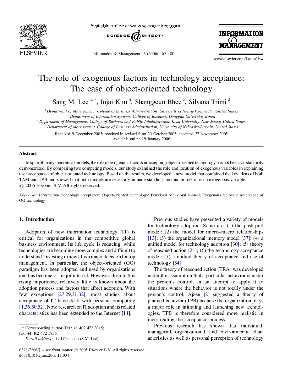 The role of exogenous factors in technology acceptance: The case of object-oriented technology