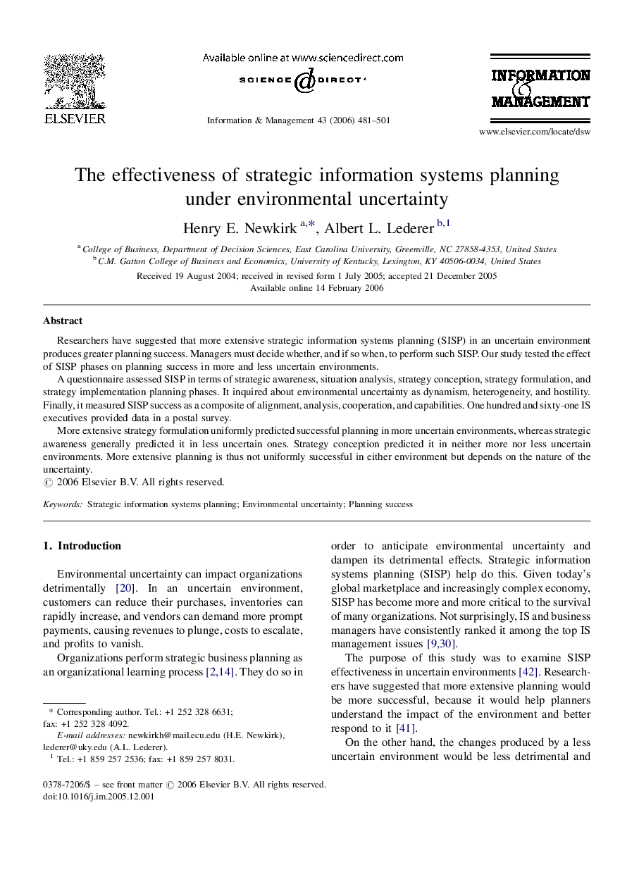 The effectiveness of strategic information systems planning under environmental uncertainty