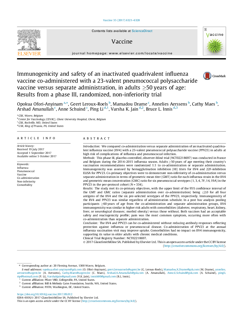 Immunogenicity and safety of an inactivated quadrivalent influenza vaccine co-administered with a 23-valent pneumococcal polysaccharide vaccine versus separate administration, in adults â¥50Â years of age: Results from a phase III, randomized, non-inferi