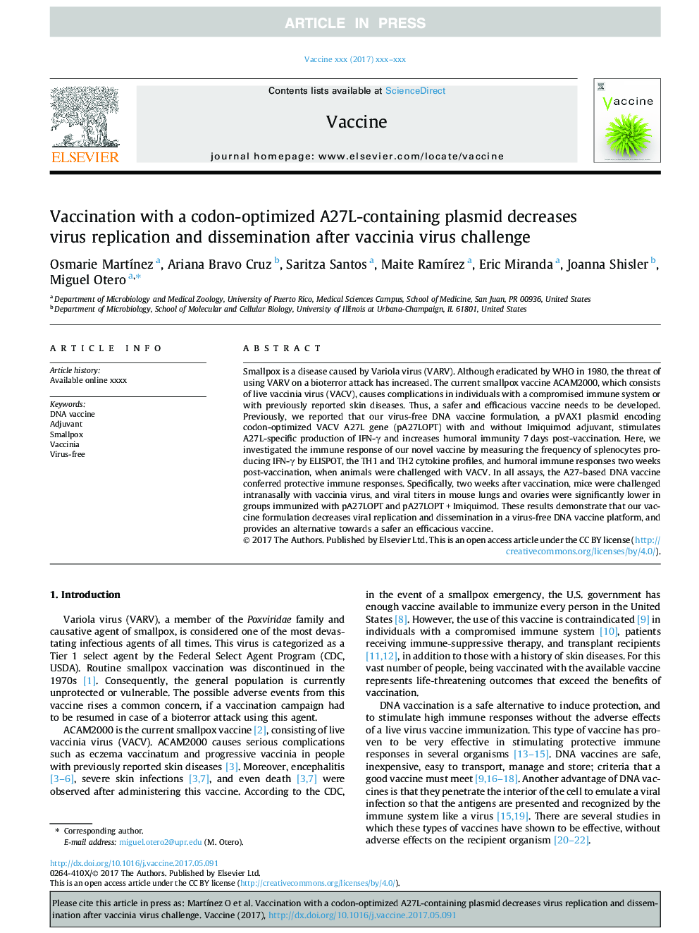 Vaccination with a codon-optimized A27L-containing plasmid decreases virus replication and dissemination after vaccinia virus challenge