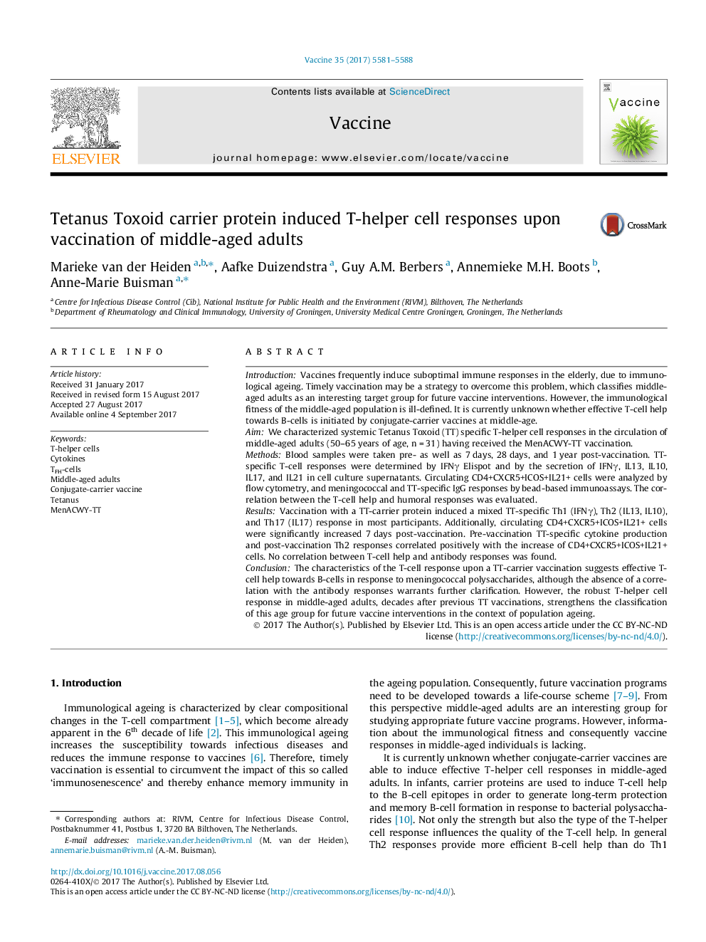 Tetanus Toxoid carrier protein induced T-helper cell responses upon vaccination of middle-aged adults