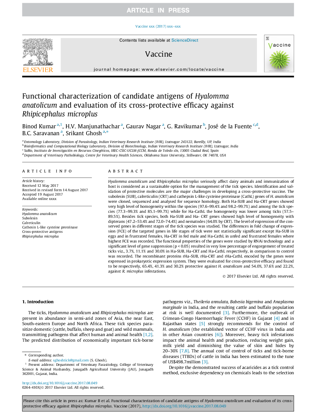 Functional characterization of candidate antigens of Hyalomma anatolicum and evaluation of its cross-protective efficacy against Rhipicephalus microplus