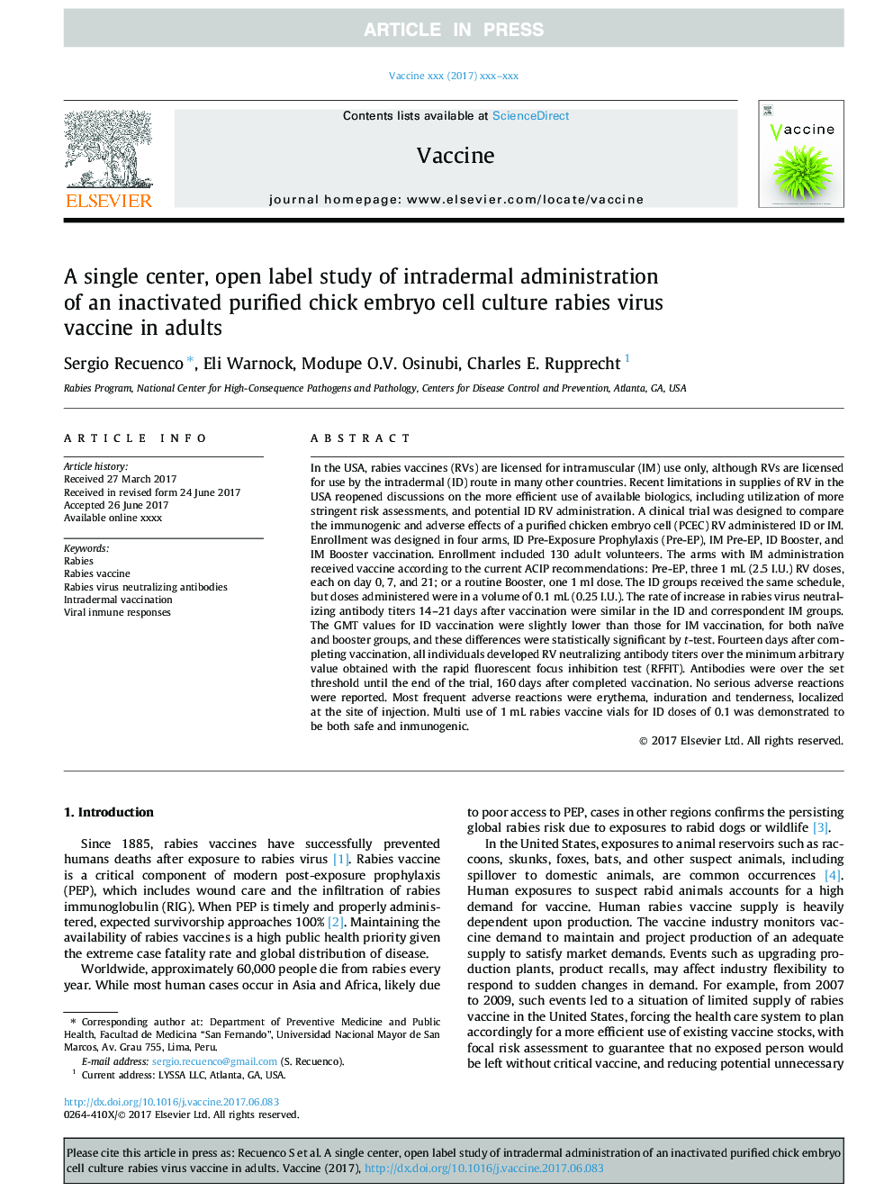 A single center, open label study of intradermal administration of an inactivated purified chick embryo cell culture rabies virus vaccine in adults