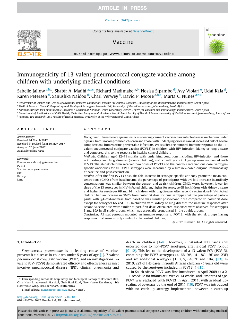 Immunogenicity of 13-valent pneumococcal conjugate vaccine among children with underlying medical conditions