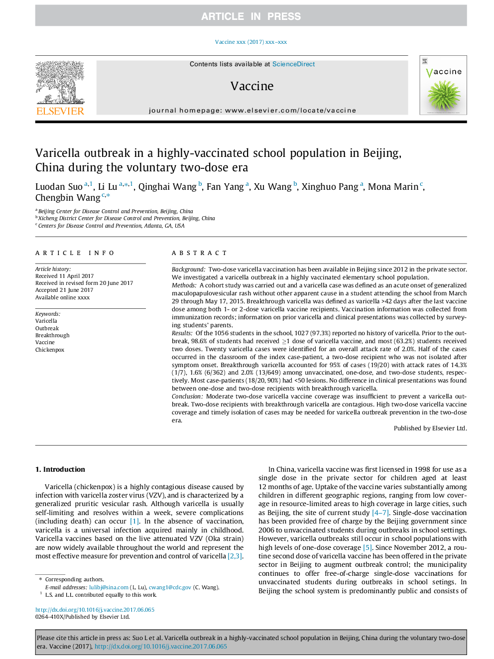 Varicella outbreak in a highly-vaccinated school population in Beijing, China during the voluntary two-dose era