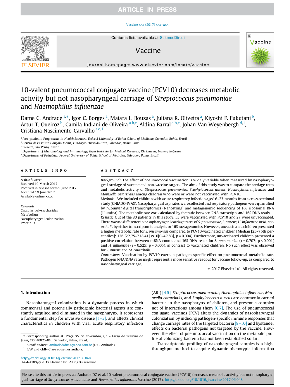 10-valent pneumococcal conjugate vaccine (PCV10) decreases metabolic activity but not nasopharyngeal carriage of Streptococcus pneumoniae and Haemophilus influenzae