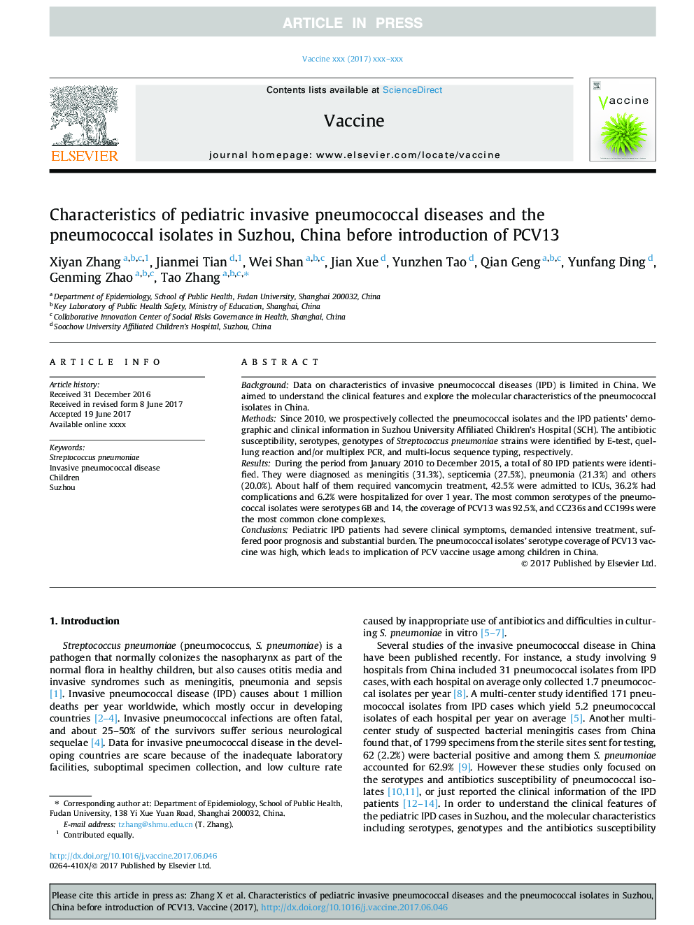 Characteristics of pediatric invasive pneumococcal diseases and the pneumococcal isolates in Suzhou, China before introduction of PCV13