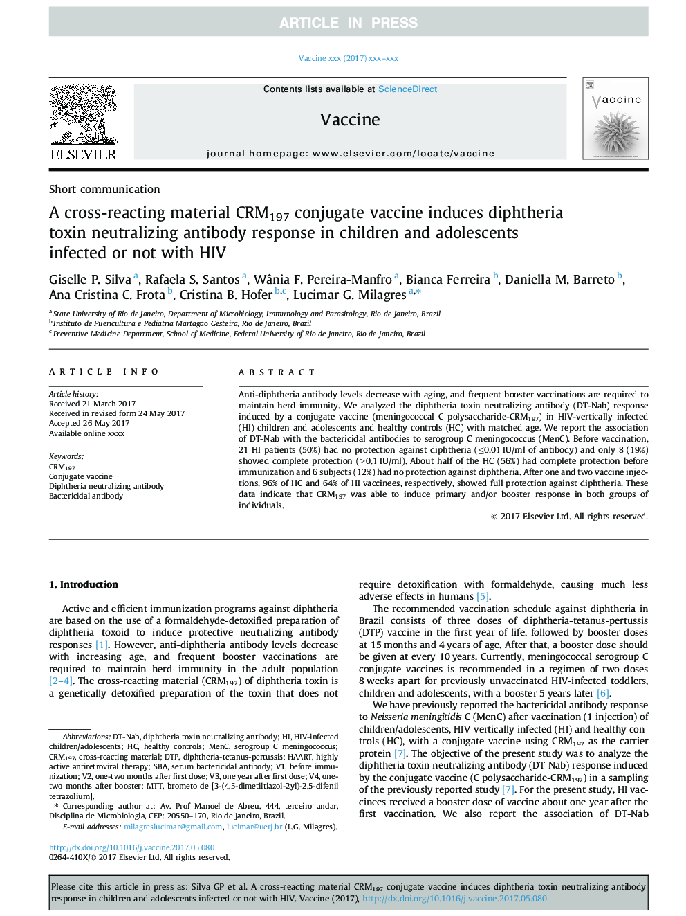 A cross-reacting material CRM197 conjugate vaccine induces diphtheria toxin neutralizing antibody response in children and adolescents infected or not with HIV