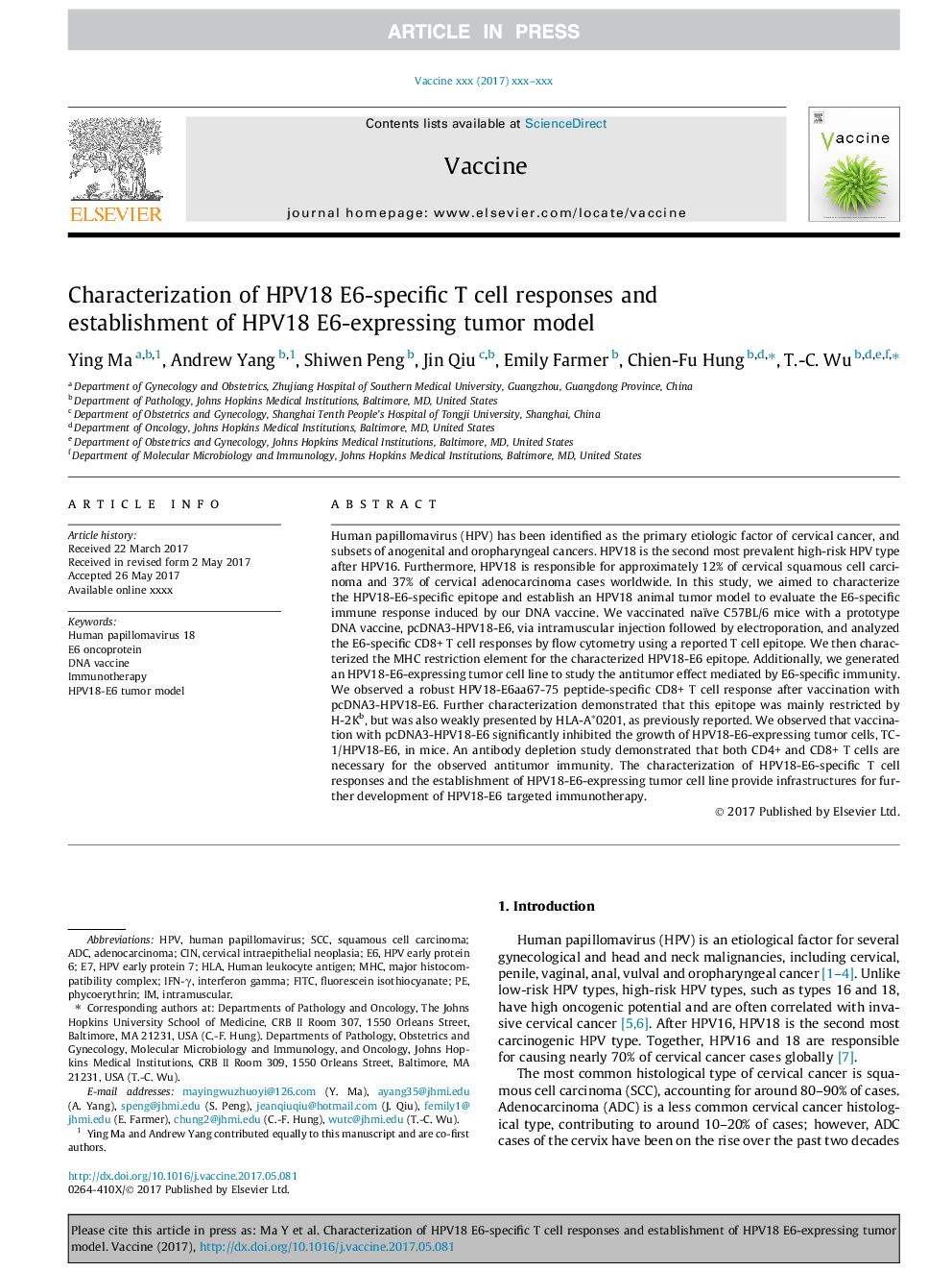 عکس صفحه اول مقاله: Characterization of HPV18 E6-specific T cell responses and establishment of HPV18 E6-expressing tumor model Characterization of HPV18 E6-specific T cell responses and establishment of HPV18 E6-expressing tumor model