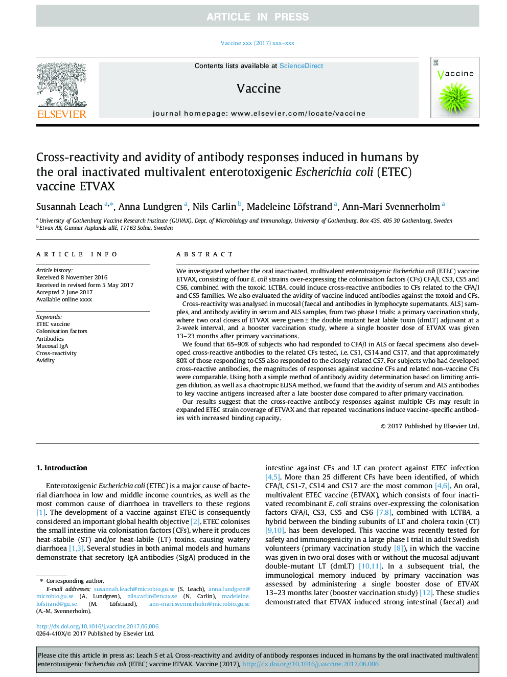Cross-reactivity and avidity of antibody responses induced in humans by the oral inactivated multivalent enterotoxigenicÂ Escherichia coli (ETEC) vaccine ETVAX