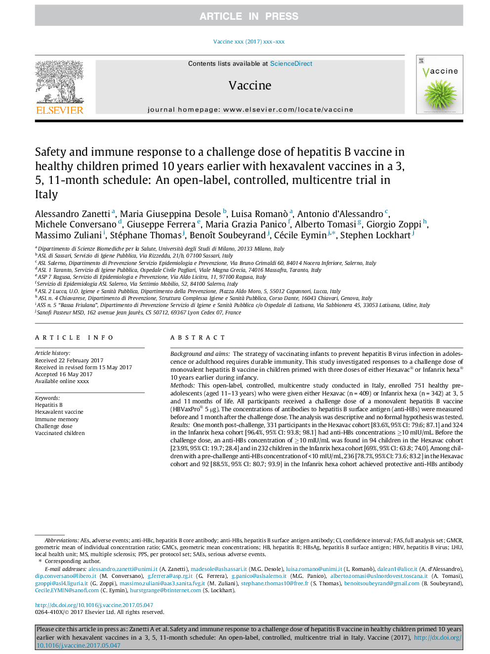 Safety and immune response to a challenge dose of hepatitis B vaccine in healthy children primed 10Â years earlier with hexavalent vaccines in a 3, 5, 11-month schedule: An open-label, controlled, multicentre trial in Italy