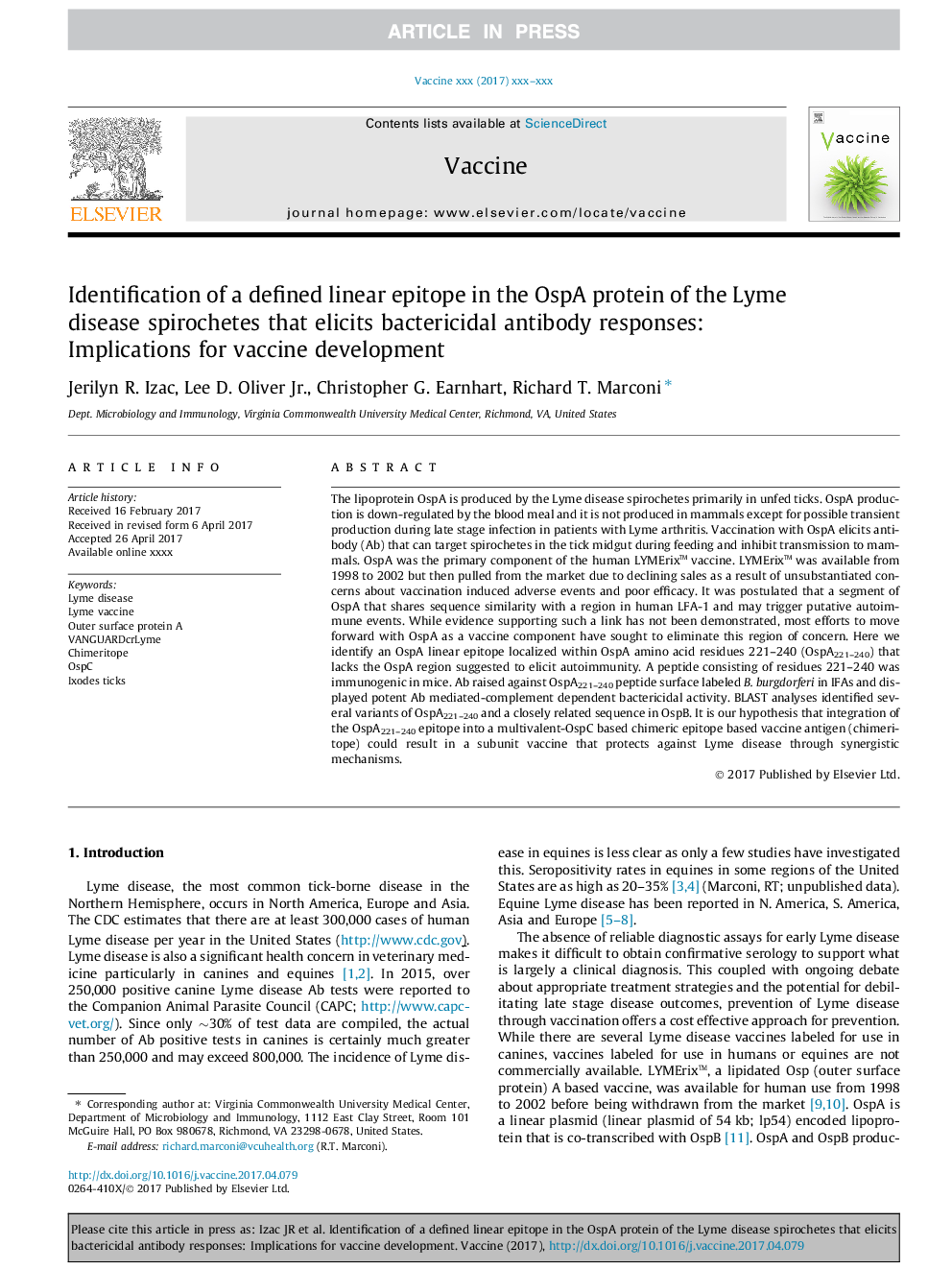 Identification of a defined linear epitope in the OspA protein of the Lyme disease spirochetes that elicits bactericidal antibody responses: Implications for vaccine development