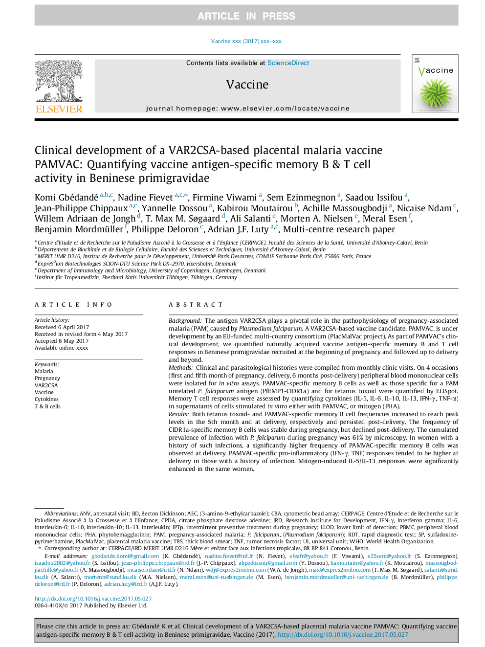 Clinical development of a VAR2CSA-based placental malaria vaccine PAMVAC: Quantifying vaccine antigen-specific memory B & T cell activity in Beninese primigravidae