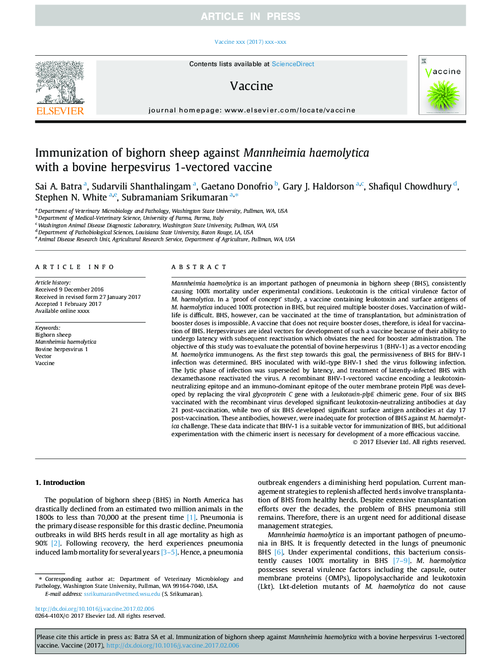 Immunization of bighorn sheep against Mannheimia haemolytica with a bovine herpesvirus 1-vectored vaccine