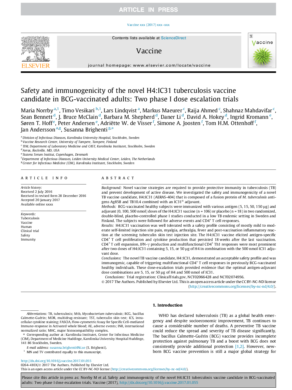 Safety and immunogenicity of the novel H4:IC31 tuberculosis vaccine candidate in BCG-vaccinated adults: Two phase I dose escalation trials