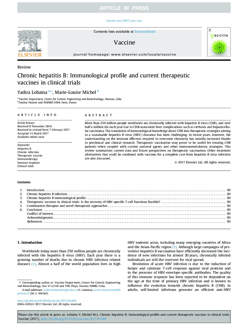 Chronic hepatitis B: Immunological profile and current therapeutic vaccines in clinical trials