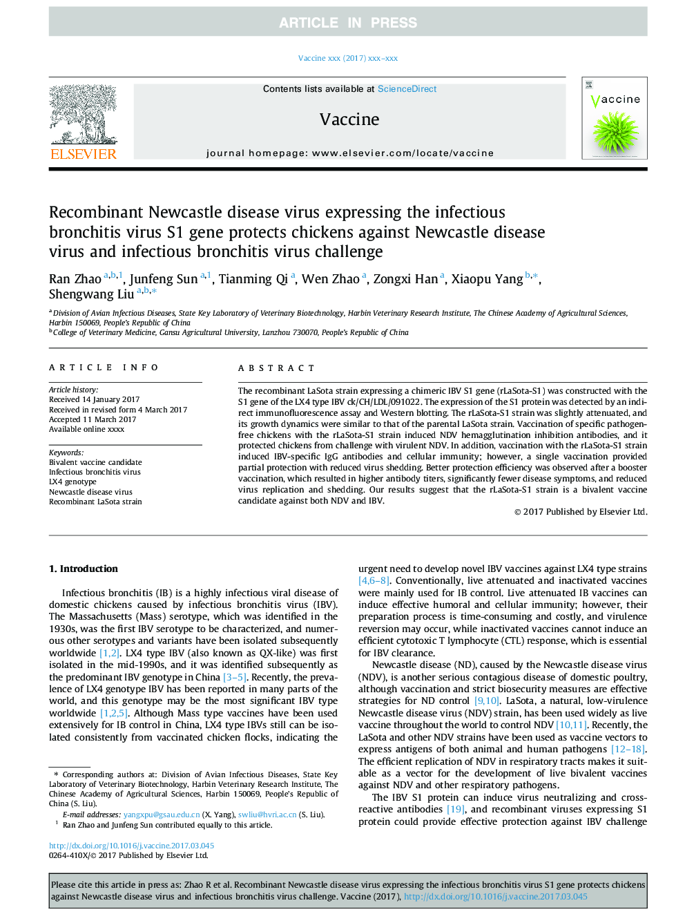 Recombinant Newcastle disease virus expressing the infectious bronchitis virus S1 gene protects chickens against Newcastle disease virus and infectious bronchitis virus challenge