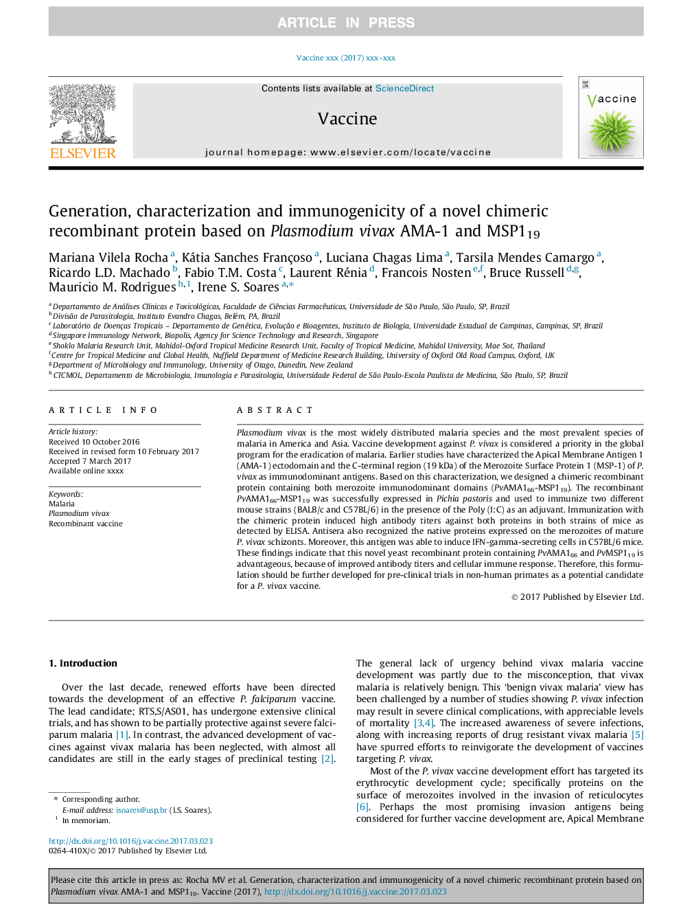 Generation, characterization and immunogenicity of a novel chimeric recombinant protein based on Plasmodium vivax AMA-1 and MSP119