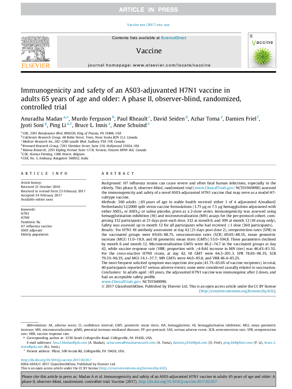 عکس صفحه اول مقاله: Immunogenicity and safety of an AS03-adjuvanted H7N1 vaccine in adults 65Â years of age and older: A phase II, observer-blind, randomized, controlled trial Immunogenicity and safety of an AS03-adjuvanted H7N1 vaccine in adults 65Â years of age and older: A phase II, observer-blind, randomized, controlled trial