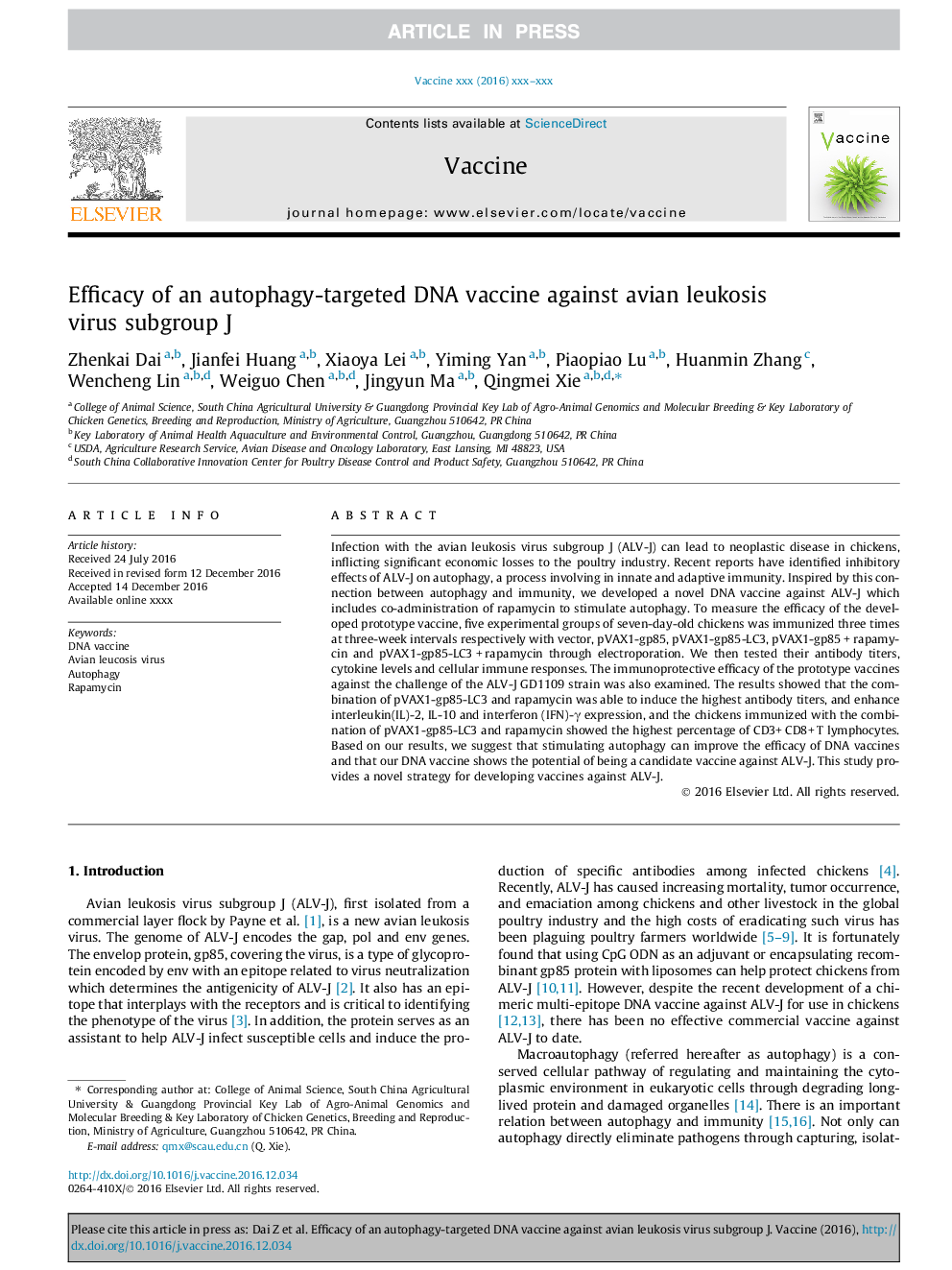 Efficacy of an autophagy-targeted DNA vaccine against avian leukosis virus subgroup J